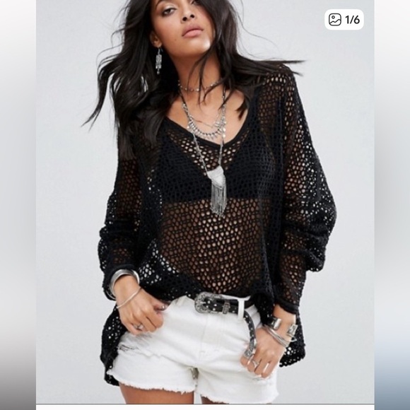 We The Free Black Open Weave Crochet Sweater Top - Picture 2 of 13
